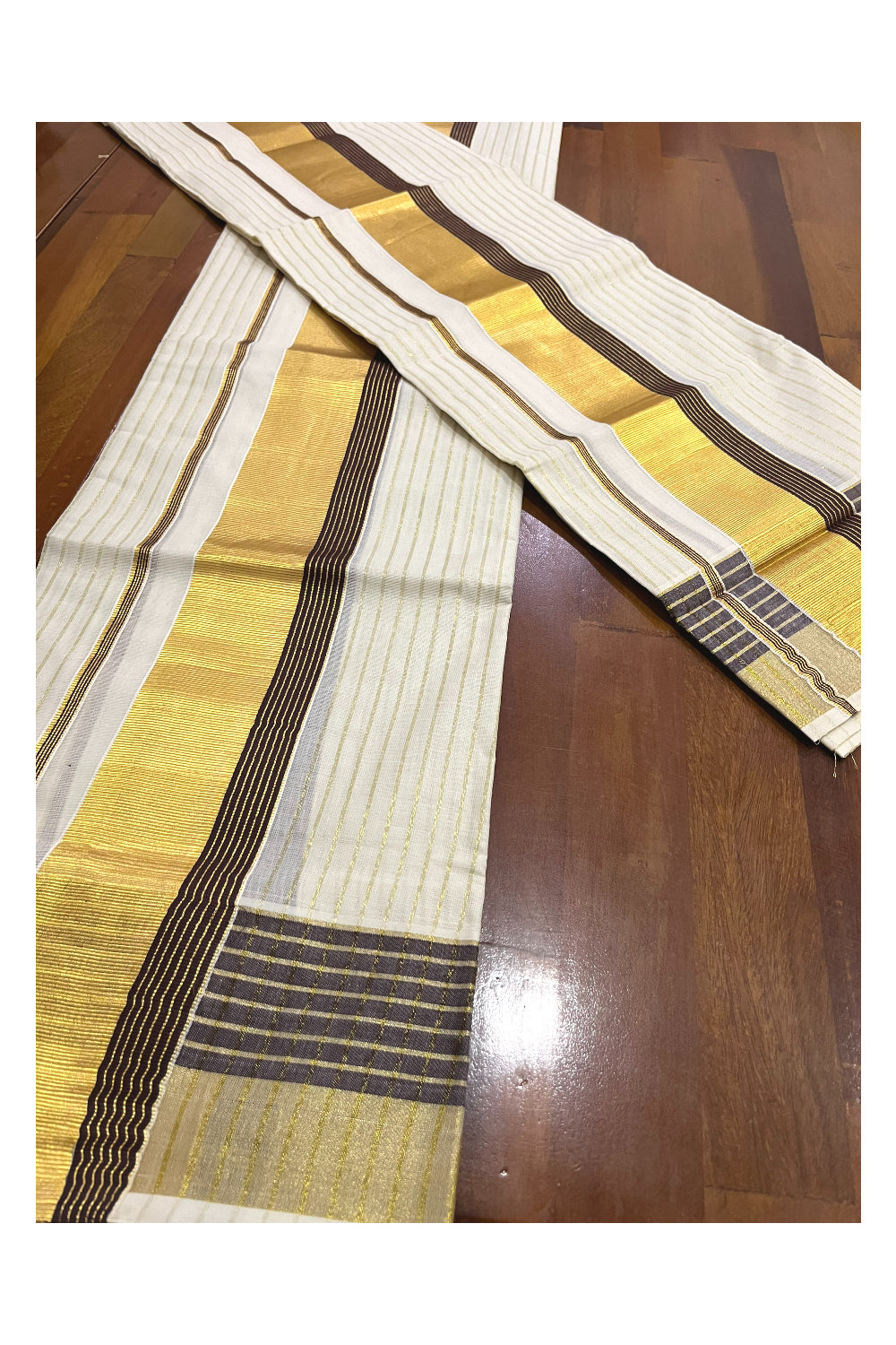 Kerala Cotton Set Mundu (Mundum Neriyathum) with Kasavu Lines on Body and Brown Border 2.80 Mtrs