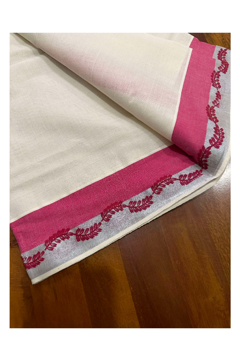 Kerala Cotton Single Set Mundu (Mundum Neriyathum) with Bright Magenta Block Prints and Silver Kasavu Border 2.80 Mtrs