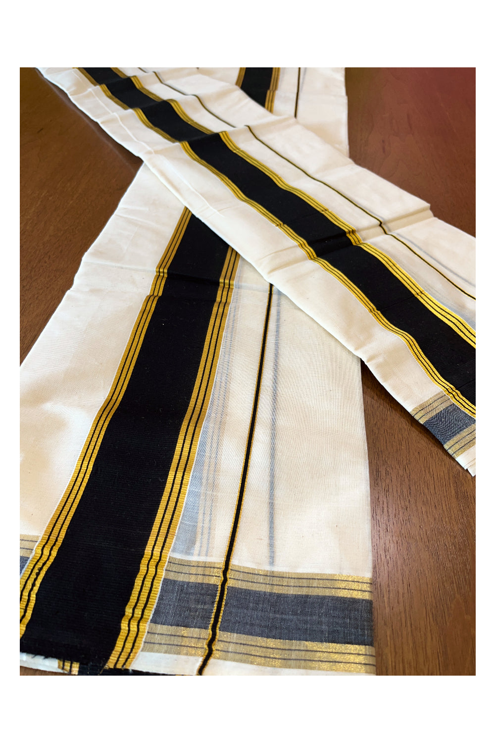 Cotton Mundum Neriyathum Double (Set Mundu) with Black and Kasavu Border 2.80 Mtrs