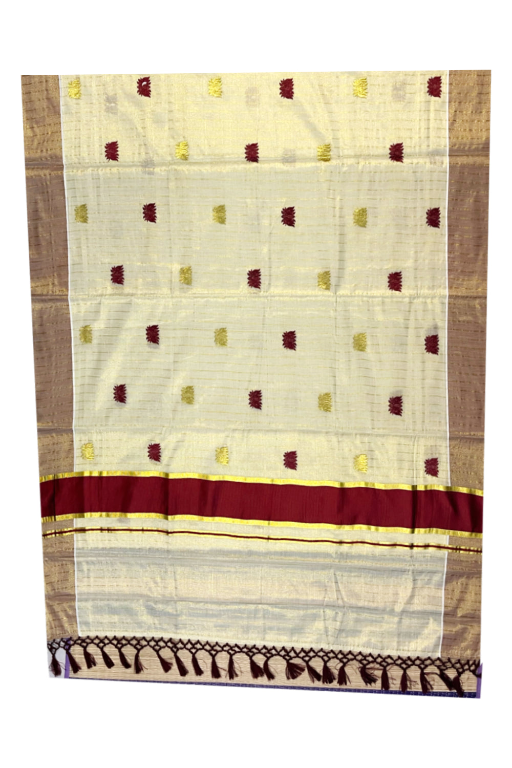 Kerala Tissue Kasavu Lines Saree with Maroon And Golden Lotus Embroidery Works