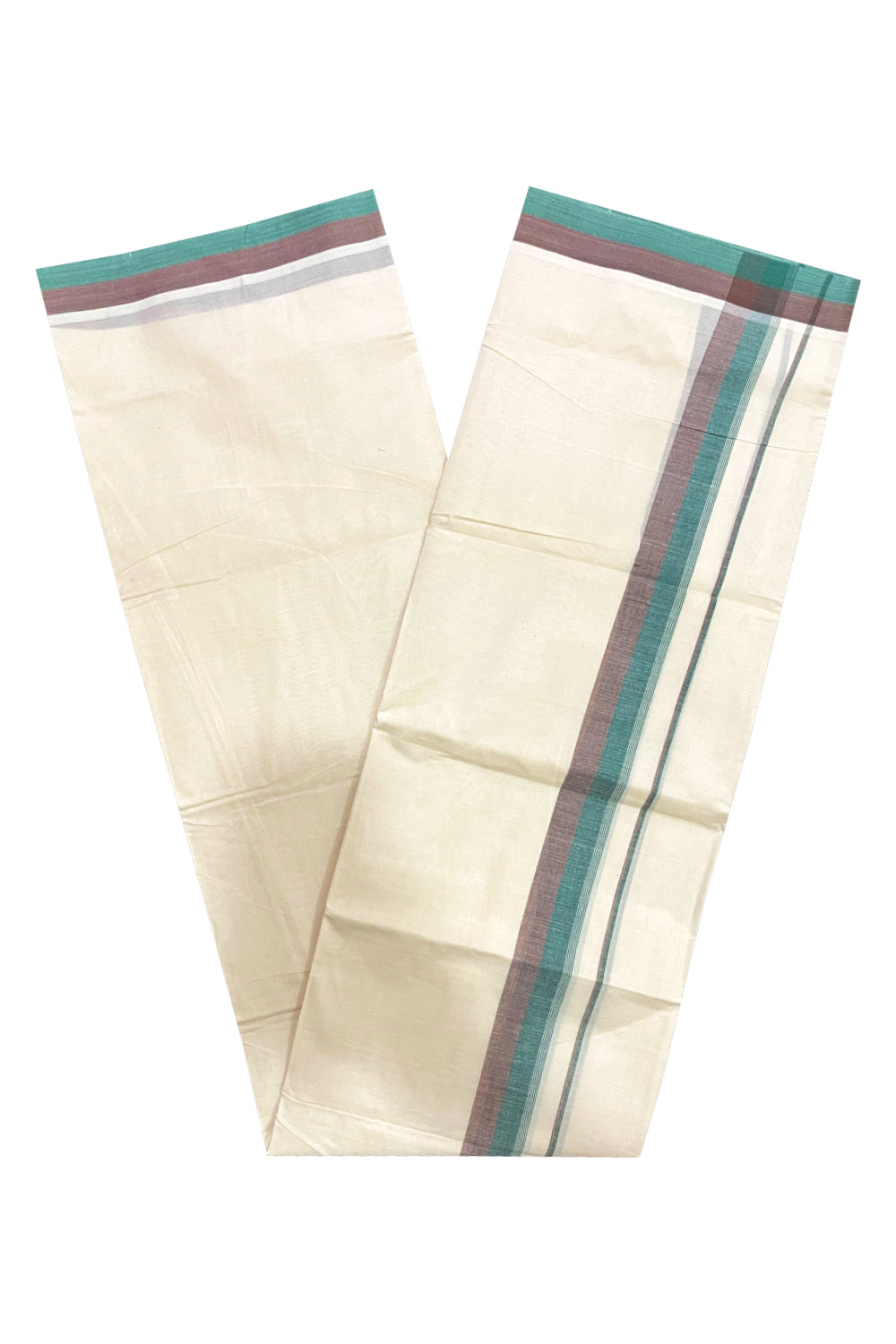 Kerala Pure Cotton Double Mundu with Green Brown Border (South Indian Kerala Dhoti)