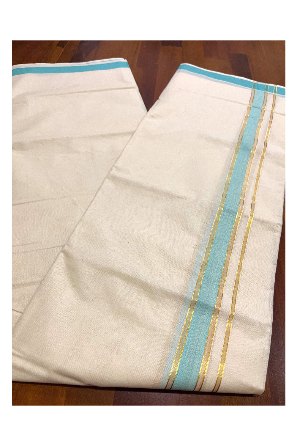 Kerala Cotton Double Mundu with Turquoise and Kasavu Border (Onam Mundu 2023)