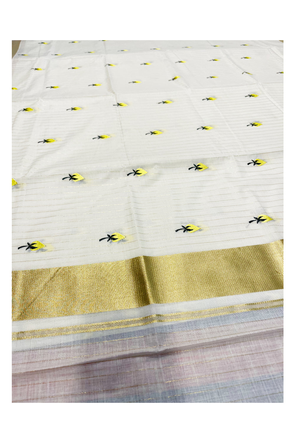 Kerala Cotton Kasavu Lines Saree with Yellow Floral Embroidery Works On Body