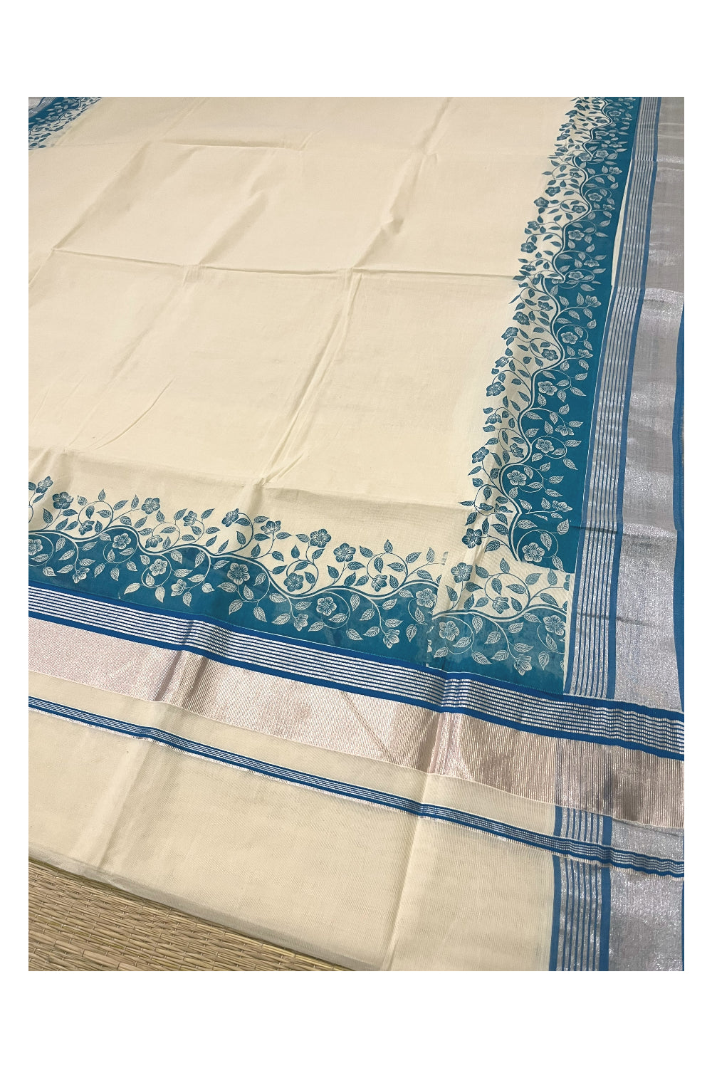 Kerala Cotton Saree with Blue Floral Block Prints and Silver Kasavu Border (Onam Saree 2023)