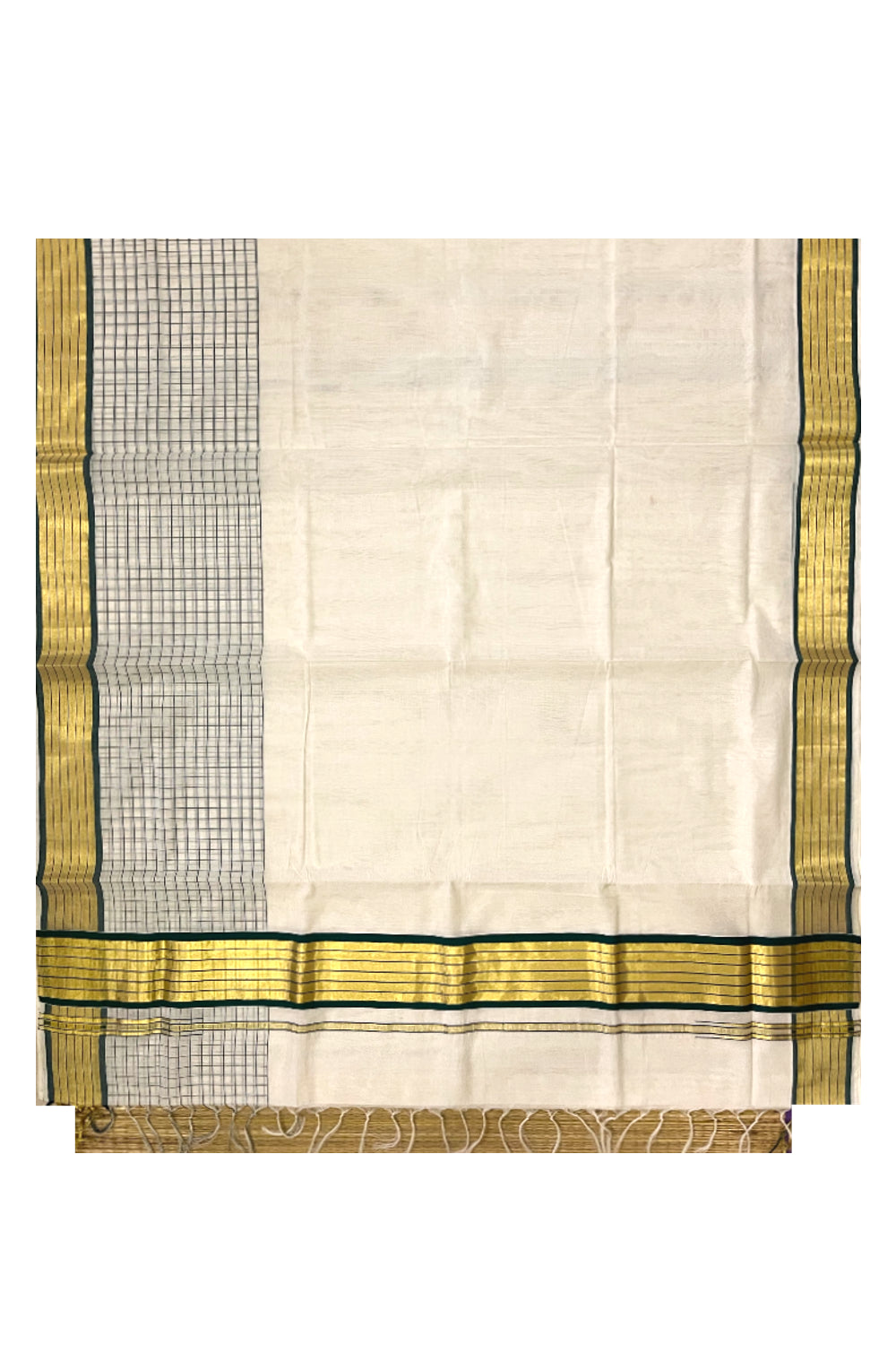 Southloom Premium Handloom Cotton Saree with Green and Kasavu Lines Border