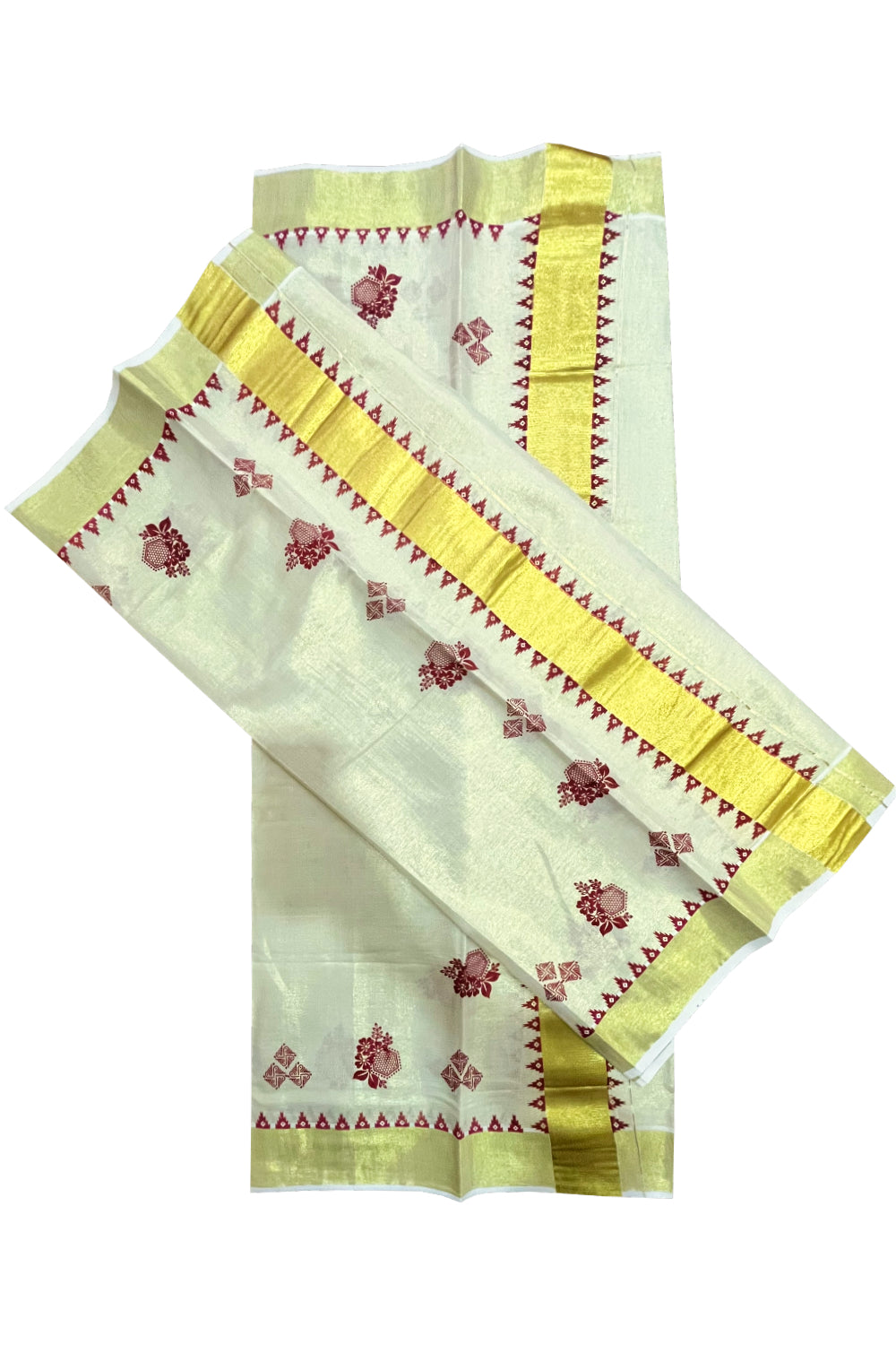 Kerala Tissue Single Set Mundu (Mundum Neriyathum) with Maroon Block Prints and Temple Border 2.80 Mtrs