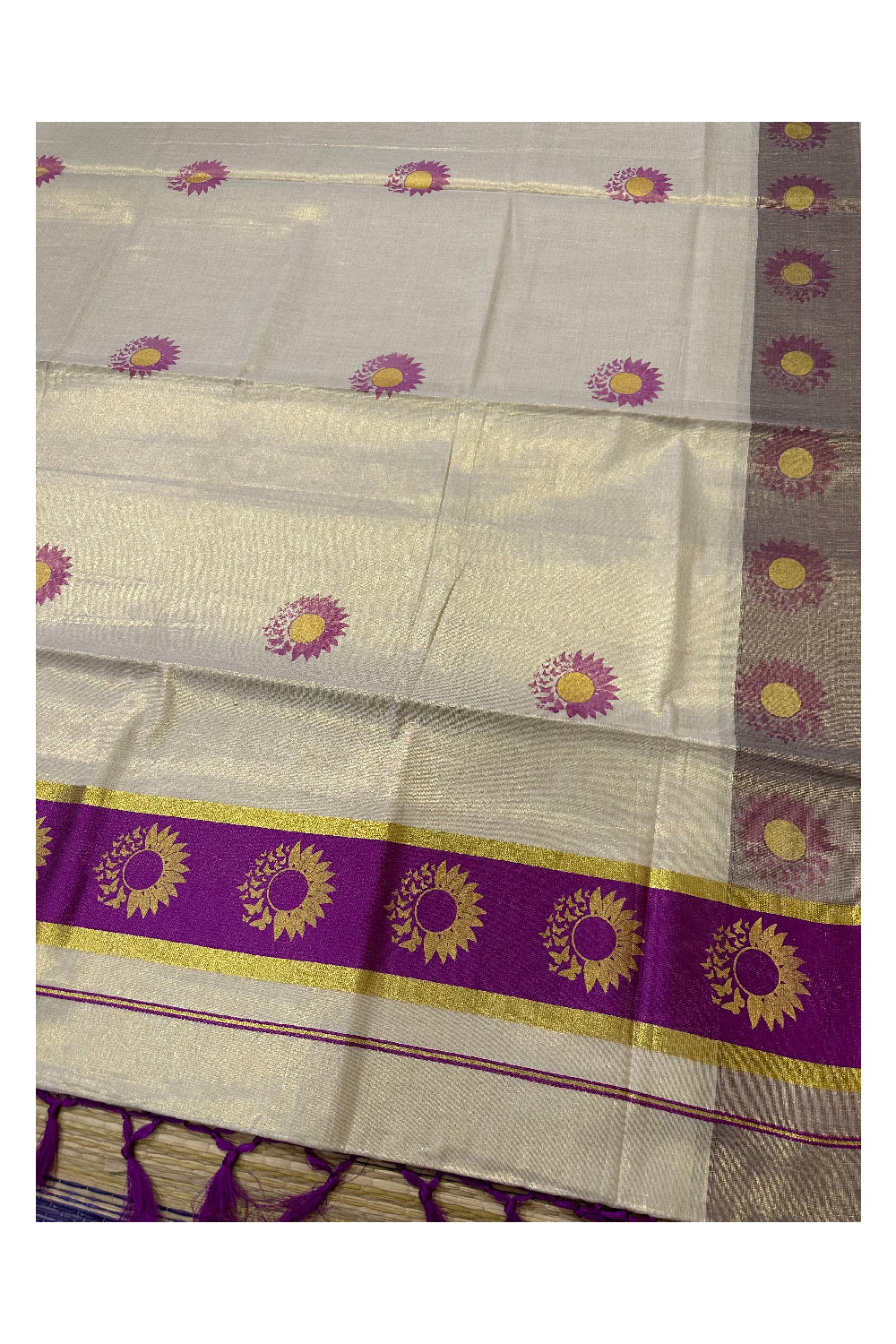 Kerala Tissue Kasavu Saree with Magenta and Golden Block Prints on Border (Onam Saree 2023)