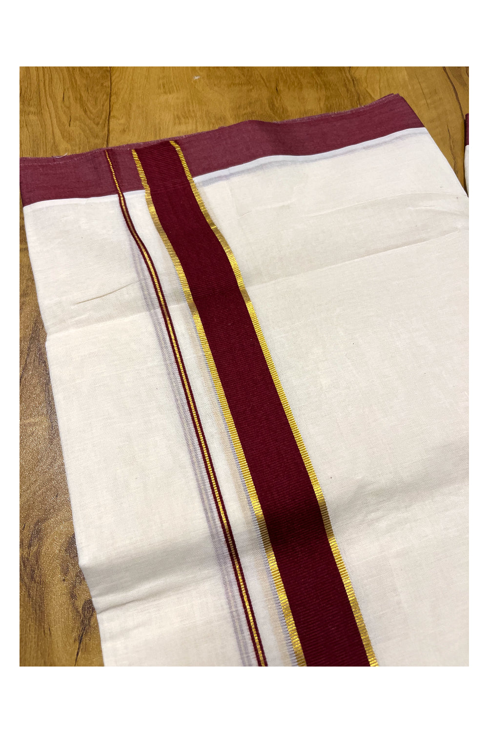 Pure Cotton Off White Double Mundu with  Kasavu and Maroon Border (South Indian Kerala Dhoti)