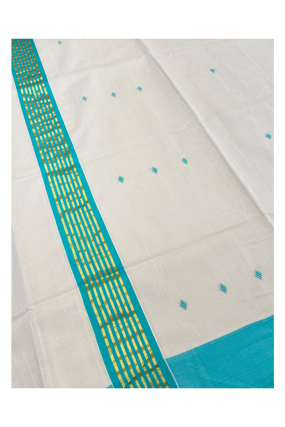 Southloom Premium Balaramapuram Unakkupaavu Handloom Cotton Butta Saree with Kasavu and Blue Border