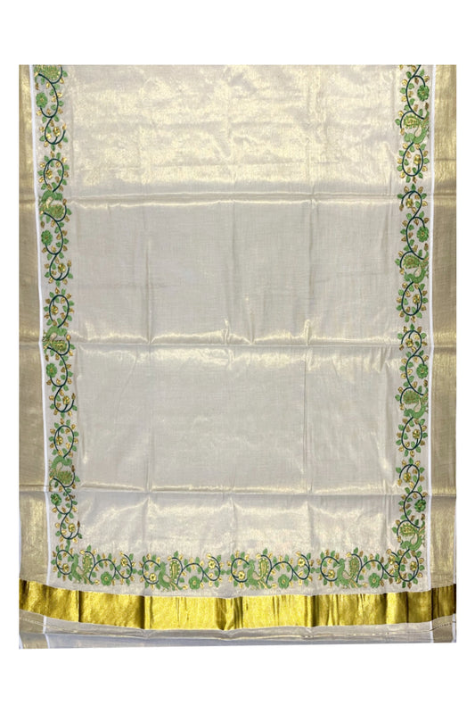 Kerala Tissue Kasavu Saree with Green Peacock Embroidery Design