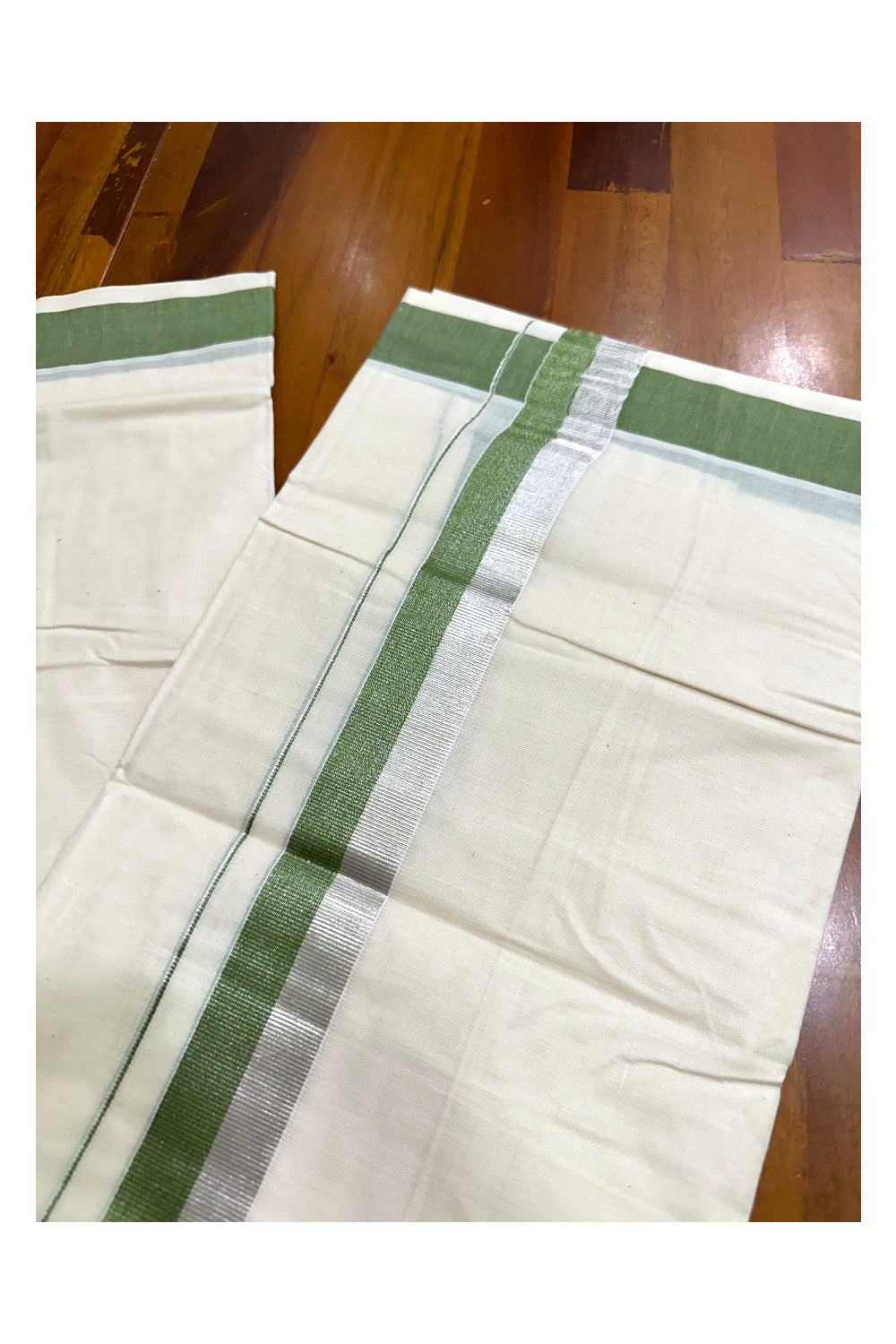 Kerala Pure Cotton Off White Double Mundu with Silver Kasavu And Green Kara (South Indian Kerala Dhoti)