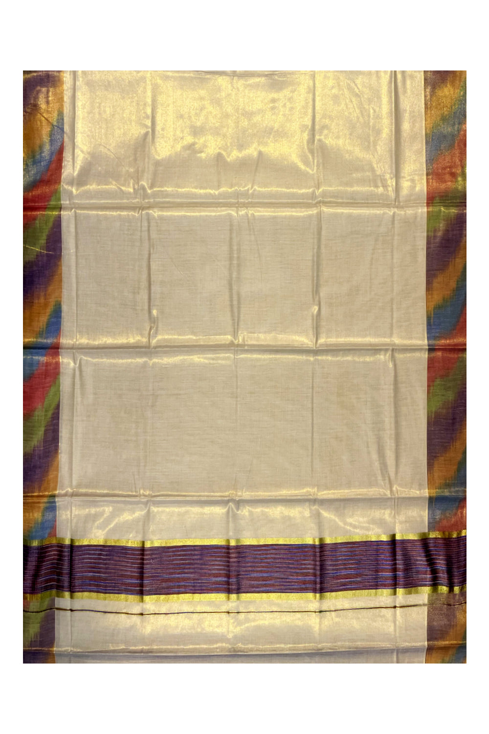 Southloom Kerala Tissue Kasavu Saree with Multi Colour Pochampally Design on Borders and Kara