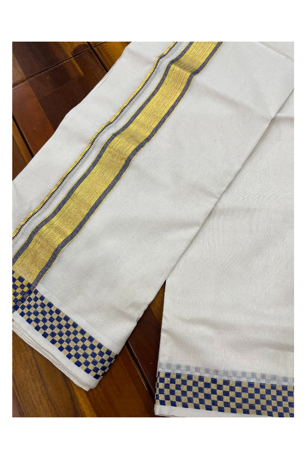 Premium Balaramapuram Handloom Unakkupaavu Cotton Double Mundu with Kasavu and Blue Paa Neythu Border (Onam 2024 Collection)