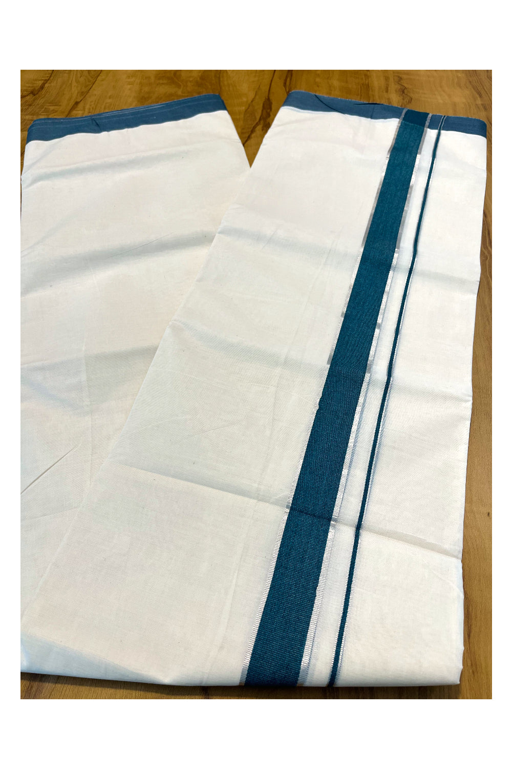 Pure Cotton Off White Kerala Double Mundu with Silver Kasavu and Green Border (South Indian Dhoti)