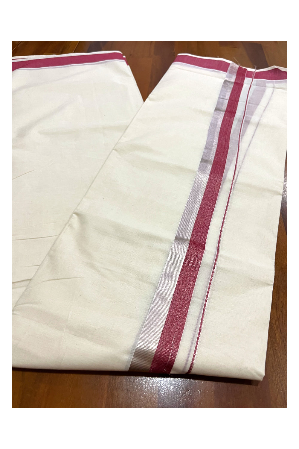 Kerala Cotton Double Mundu with Maroon and Silver Kasavu Border (South Indian Kerala Dhoti)