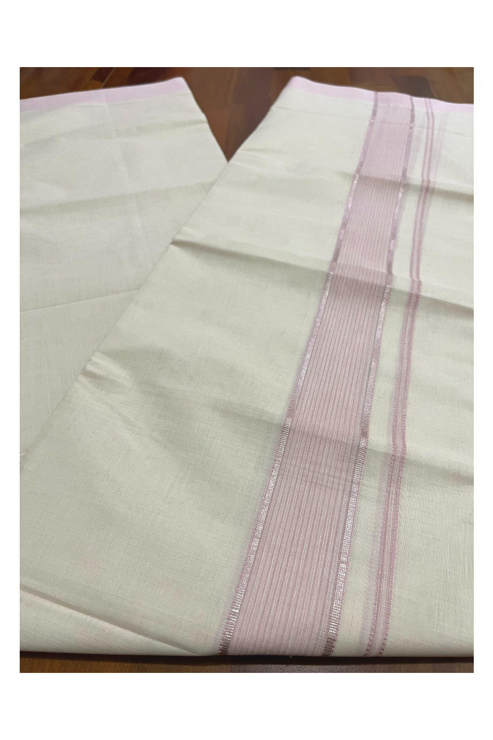 Pure Cotton 100x100 Double Mundu with Pink and Silver Kasavu Kara (Onam Mundu 2023)