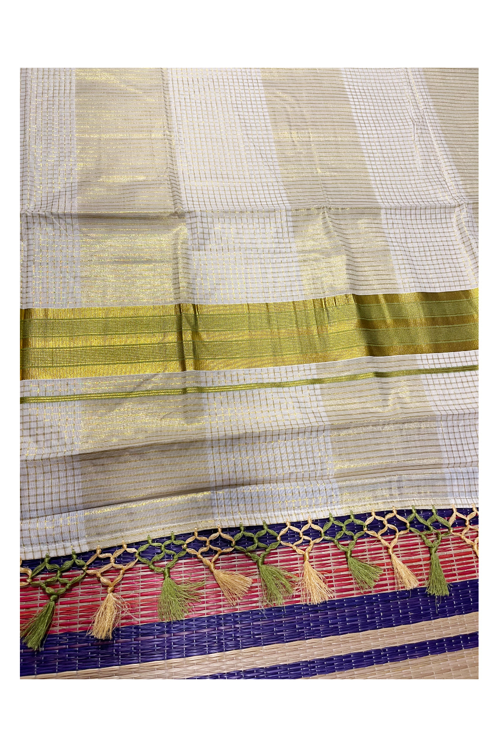 Pure Cotton Kerala Kasavu Check Saree with Green Border