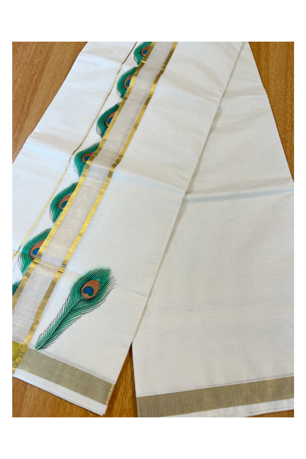 Kerala Pure Cotton Double Mundu with Mural Printed on Kasavu Border