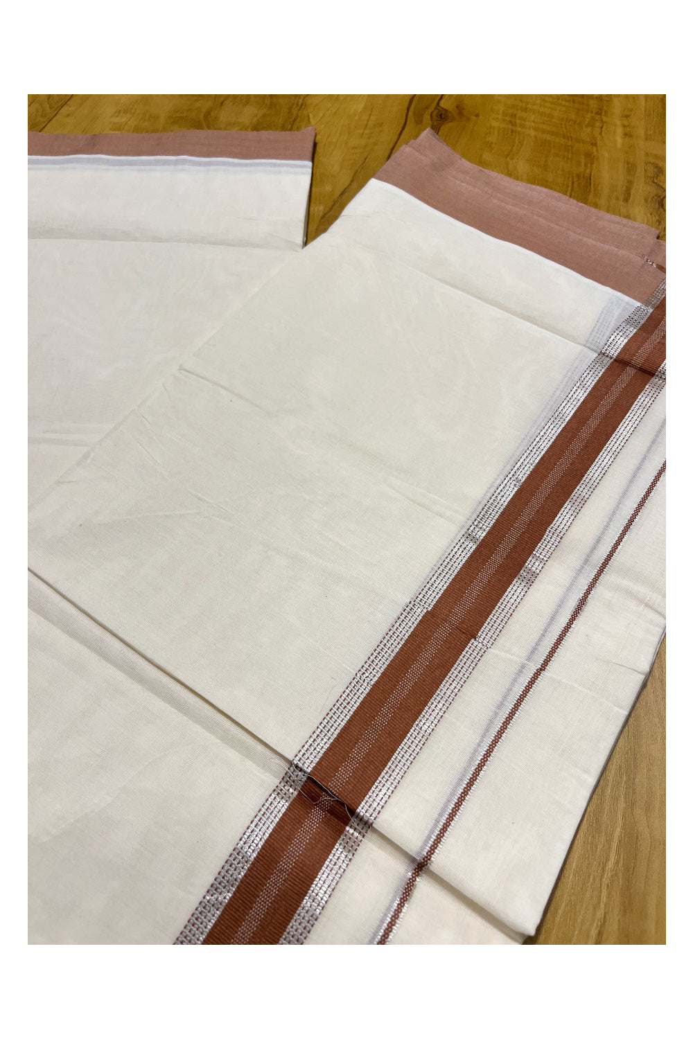 Pure Cotton Off White Double Mundu with Silver Kasavu and Brown Border (South Indian Kerala Dhoti)