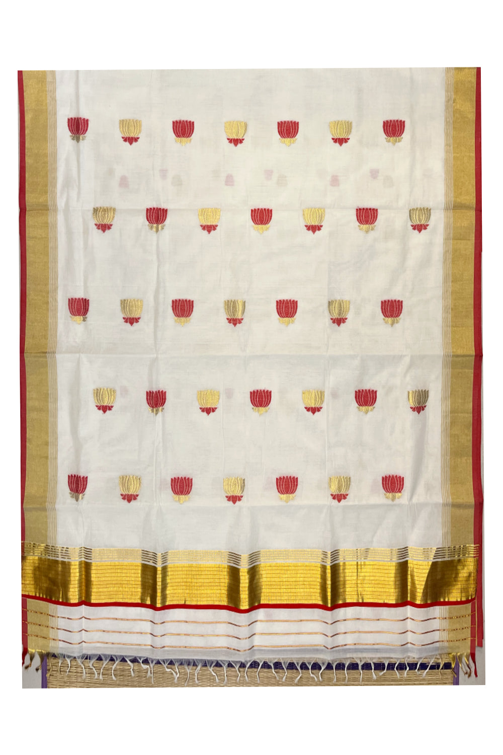 Southloom™ Premium Handloom Cotton Kasavu Saree with Handwoven Gold and Red Lotus Designs