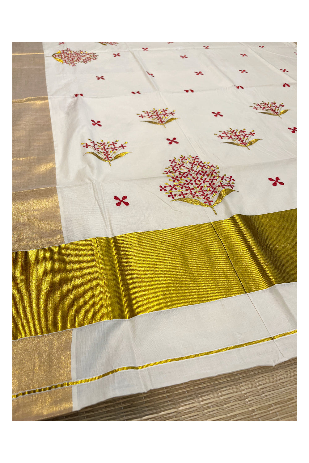 Southloom Kerala Cotton Kasavu Saree with red floral embroidery Designs