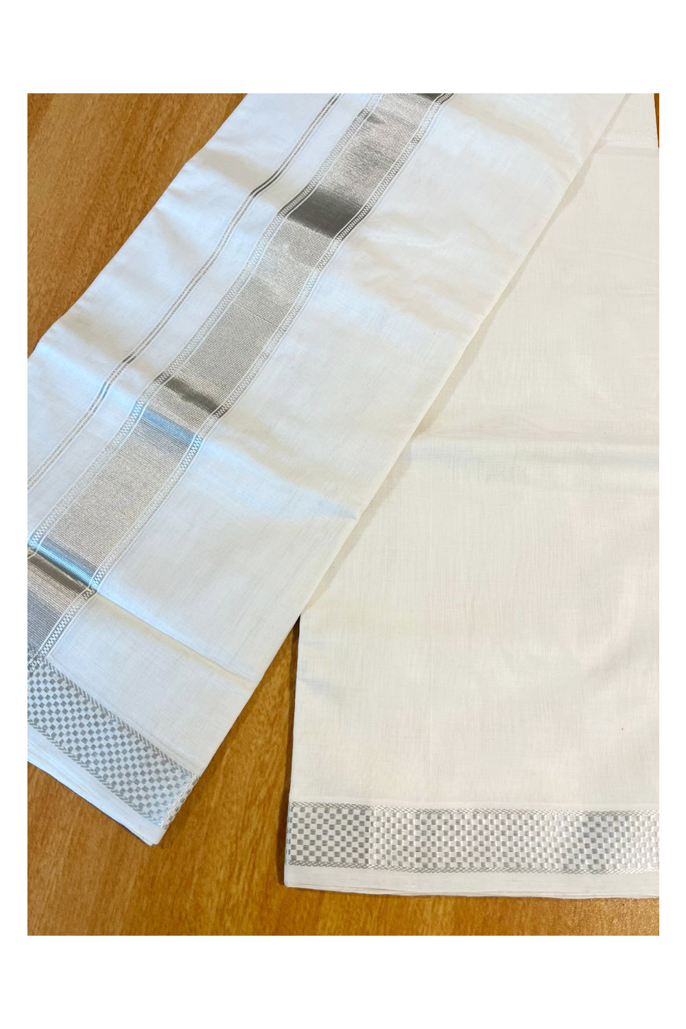 Southloom Premium Handloom Cotton Double Mundu with Silver Kasavu Paa Neythu Border