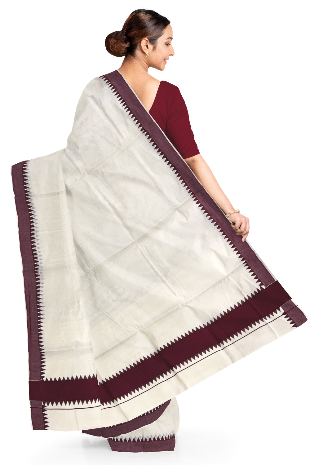 Kerala Pure Cotton Saree with Maroon Temple Block Prints on Border