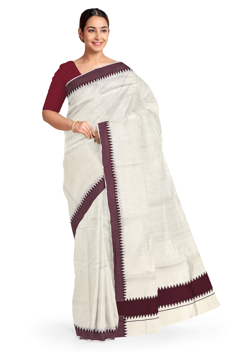 Kerala Pure Cotton Saree with Maroon Temple Block Prints on Border