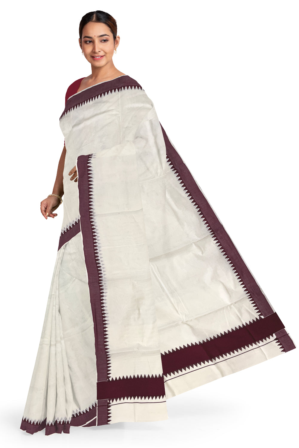 Kerala Pure Cotton Saree with Maroon Temple Block Prints on Border