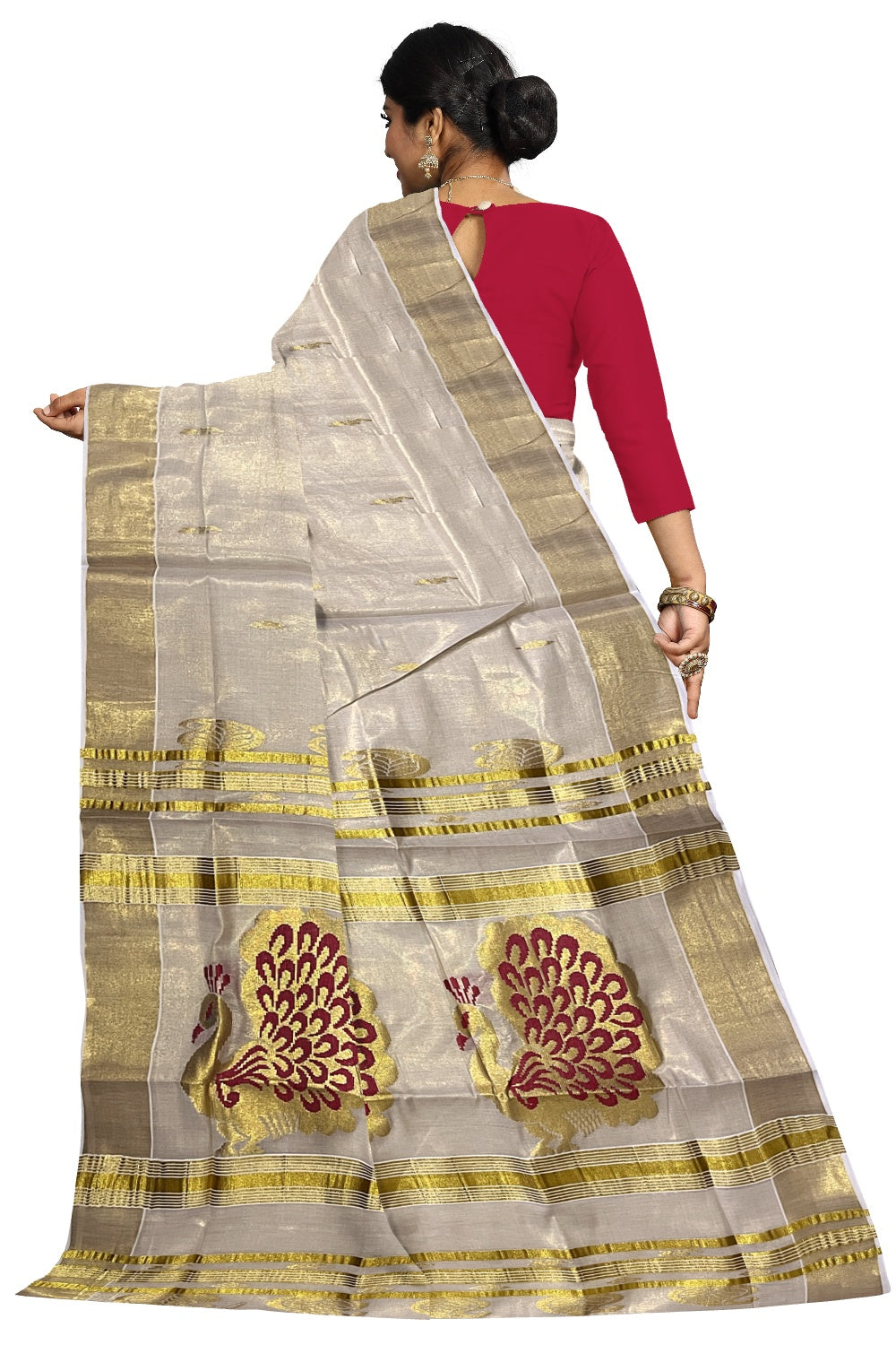 Kerala Tissue Kasavu Saree with Golden and Red Heavy Woven Works (Vishu Saree 2023)