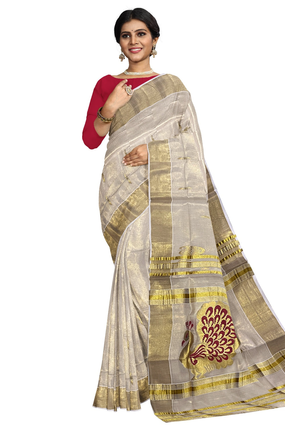 Kerala Tissue Kasavu Saree with Golden and Red Heavy Woven Works (Vishu Saree 2023)