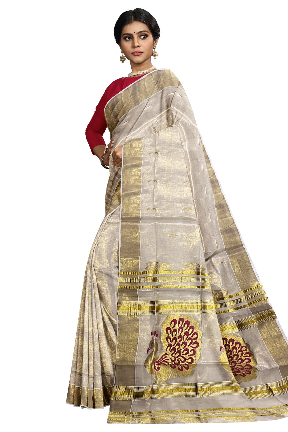 Kerala Tissue Kasavu Saree with Golden and Red Heavy Woven Works (Vishu Saree 2023)