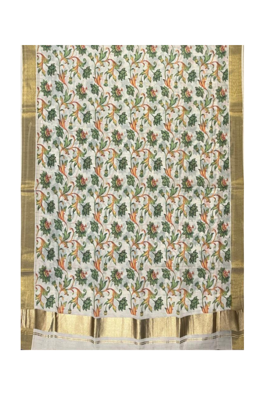 Kerala Cotton Kasavu Lines Saree with Green Floral Kalamkari Design