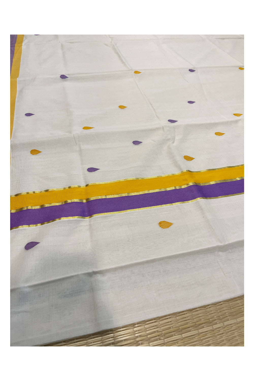 Southloom Premium Balaramapuram Unakkupaavu Handloom Cotton Butta Saree with Yellow,Lavender and Kasavu Border