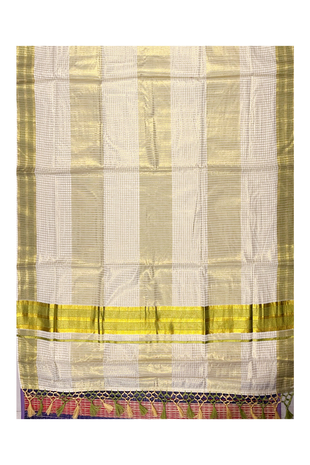 Pure Cotton Kerala Kasavu Check Saree with Green Border