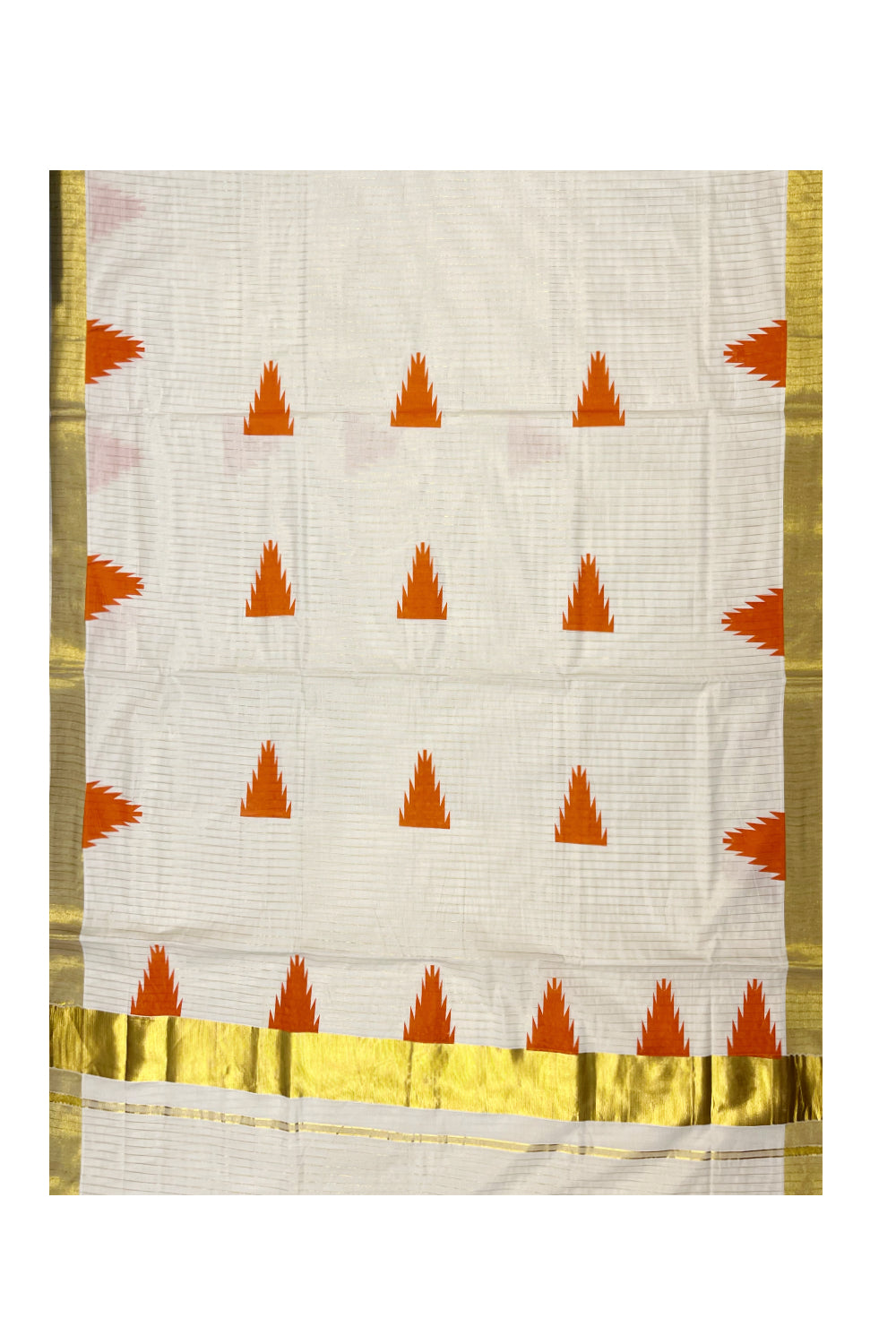 Kerala Cotton Kasavu Lines Saree With Orange Temple Prints on Border