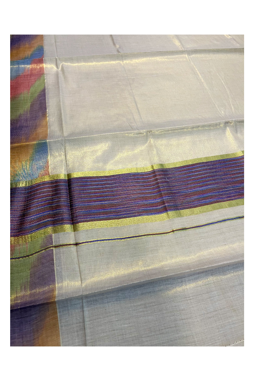 Southloom Kerala Tissue Kasavu Saree with Multi Colour Pochampally Design on Borders and Kara