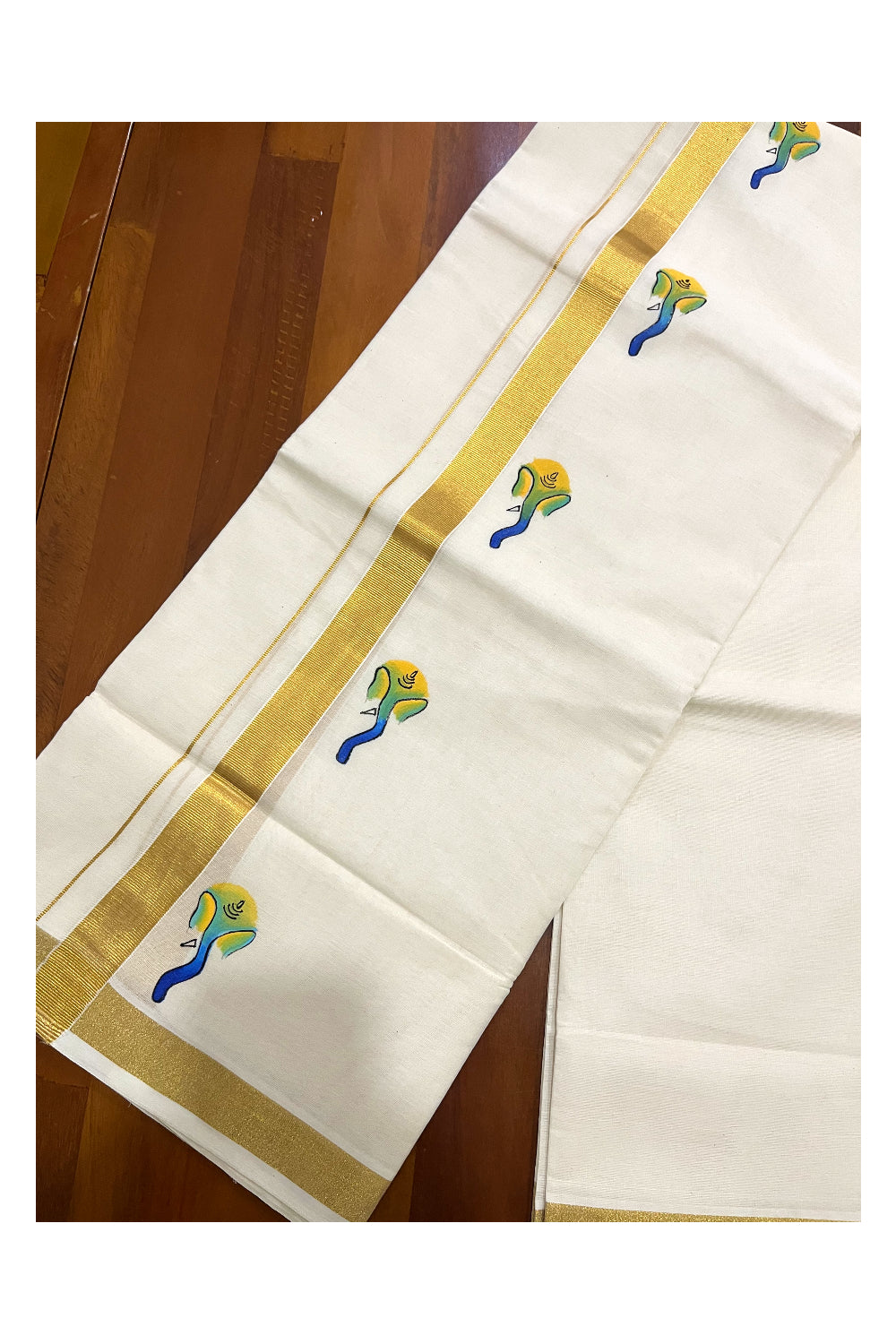 Pure Cotton Kasavu Mundu with Mural Hand Painted Border (Onam Mundu 2023)