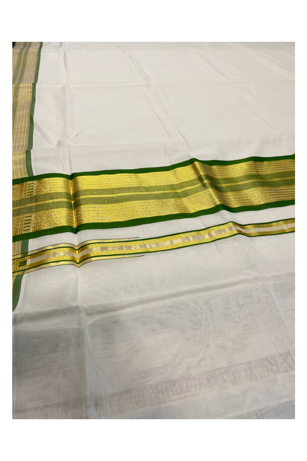 Southloom Premium Handloom Cotton Saree with Kasavu and Green Border