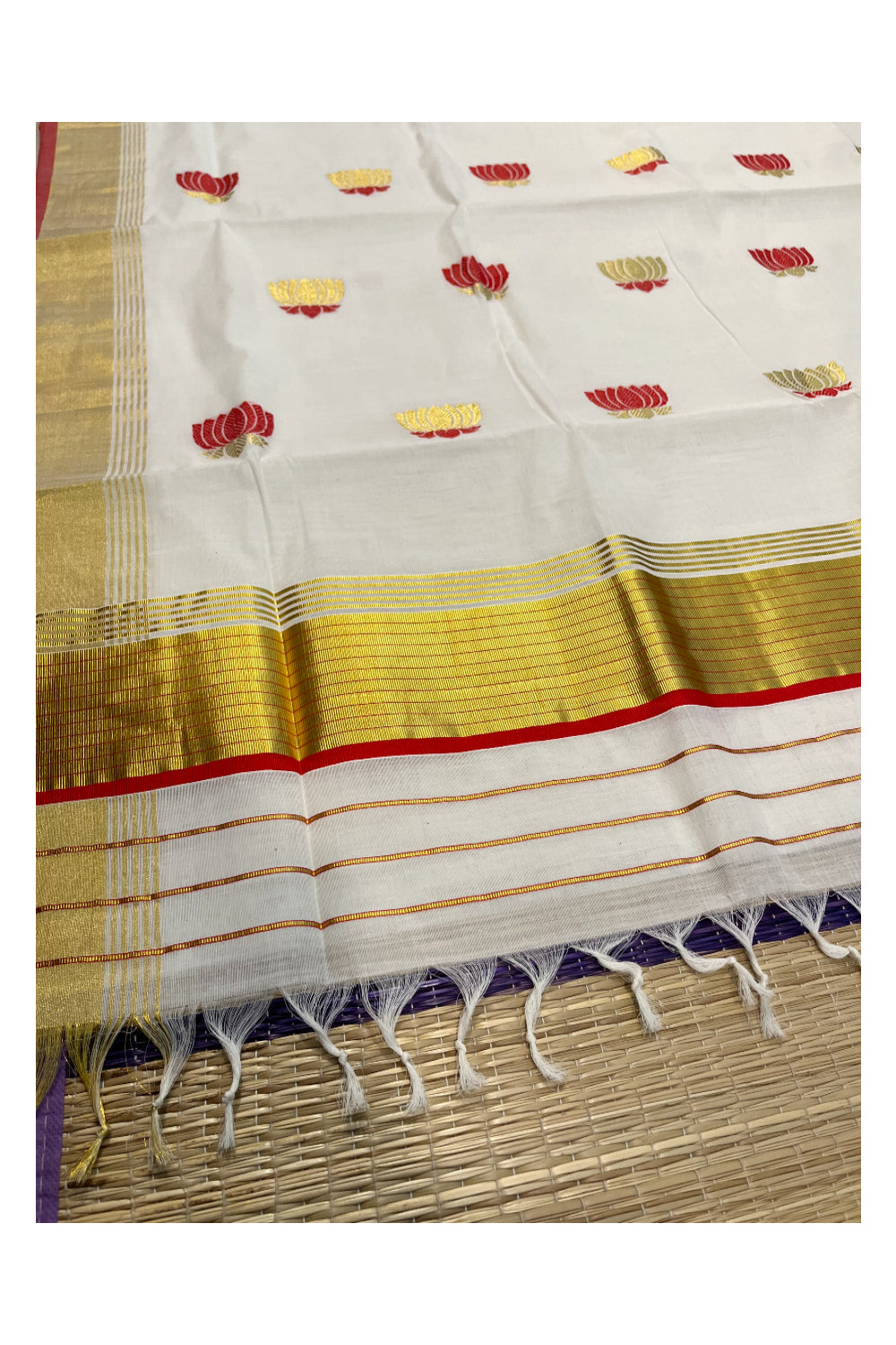 Southloom™ Premium Handloom Cotton Kasavu Saree with Handwoven Gold and Red Lotus Designs