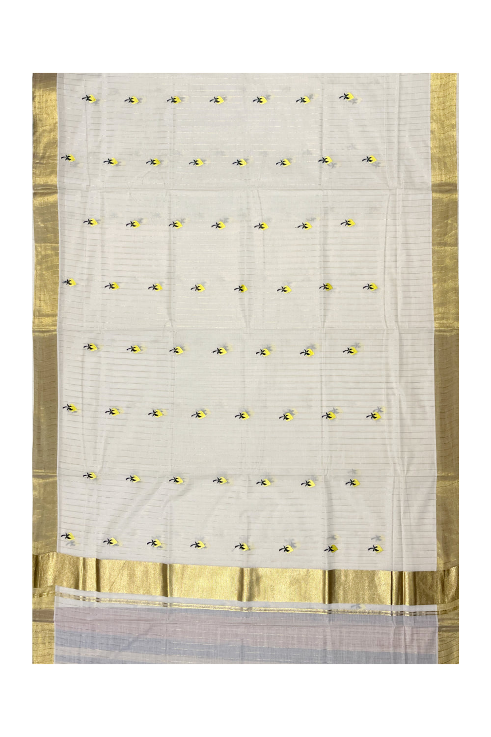 Kerala Cotton Kasavu Lines Saree with Yellow Floral Embroidery Works On Body