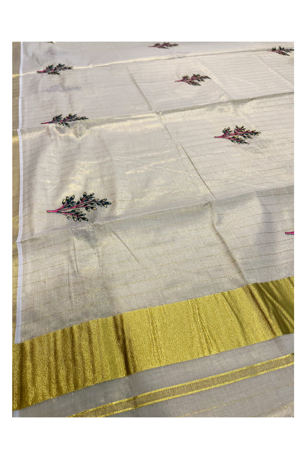 Kerala Tissue Kasavu Lines Saree with Green and Pink Floral Embroidery Works