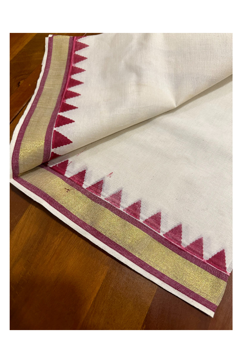 Cotton Kasavu Single Set Mundu (Mundu Neriyathum) with Maroon Temple Block Prints on Border 2.80 Mtrs (Onam Set Mundu 2023)