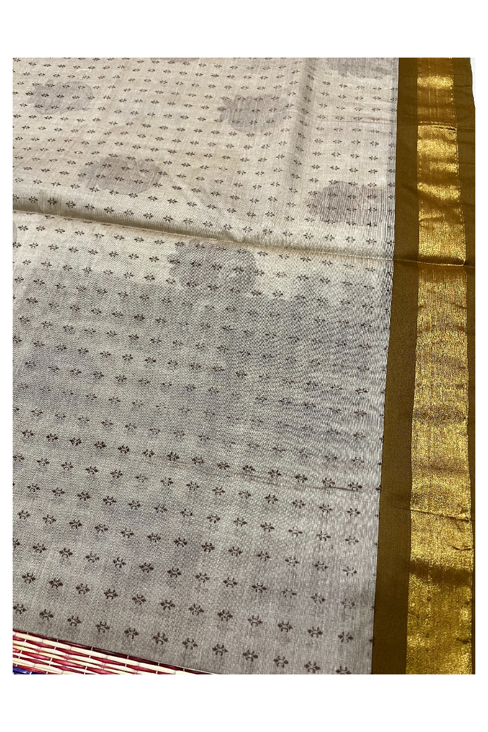 Pure Cotton Kerala Saree with Brown Block Prints and Kasavu Border (Vishu 2024 Collection)