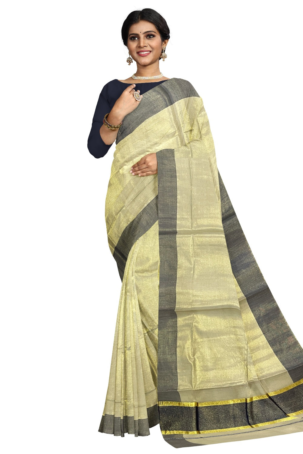 Kerala Tissue Kasavu Plain Saree with Blue and Kasavu Border