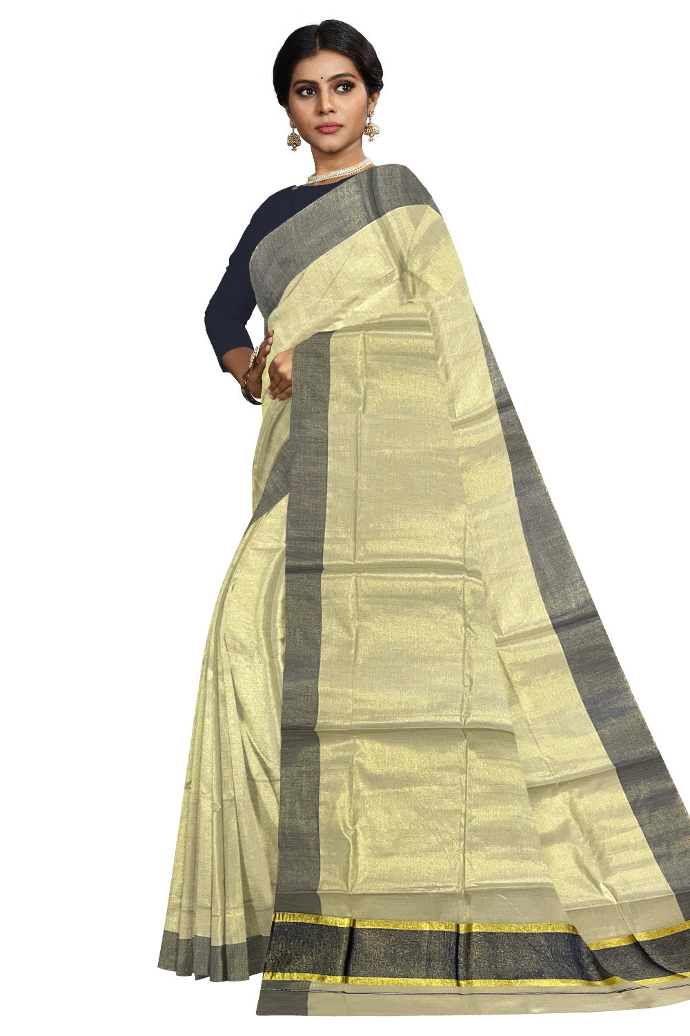 Kerala Tissue Kasavu Plain Saree with Blue and Kasavu Border