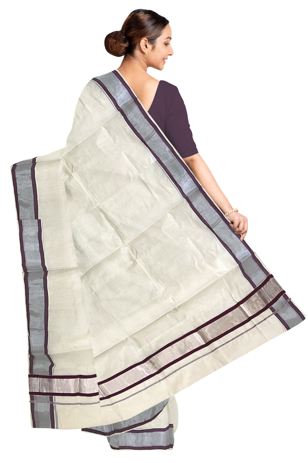 Pure Cotton Kerala Saree with Silver Kasavu and Purple Border