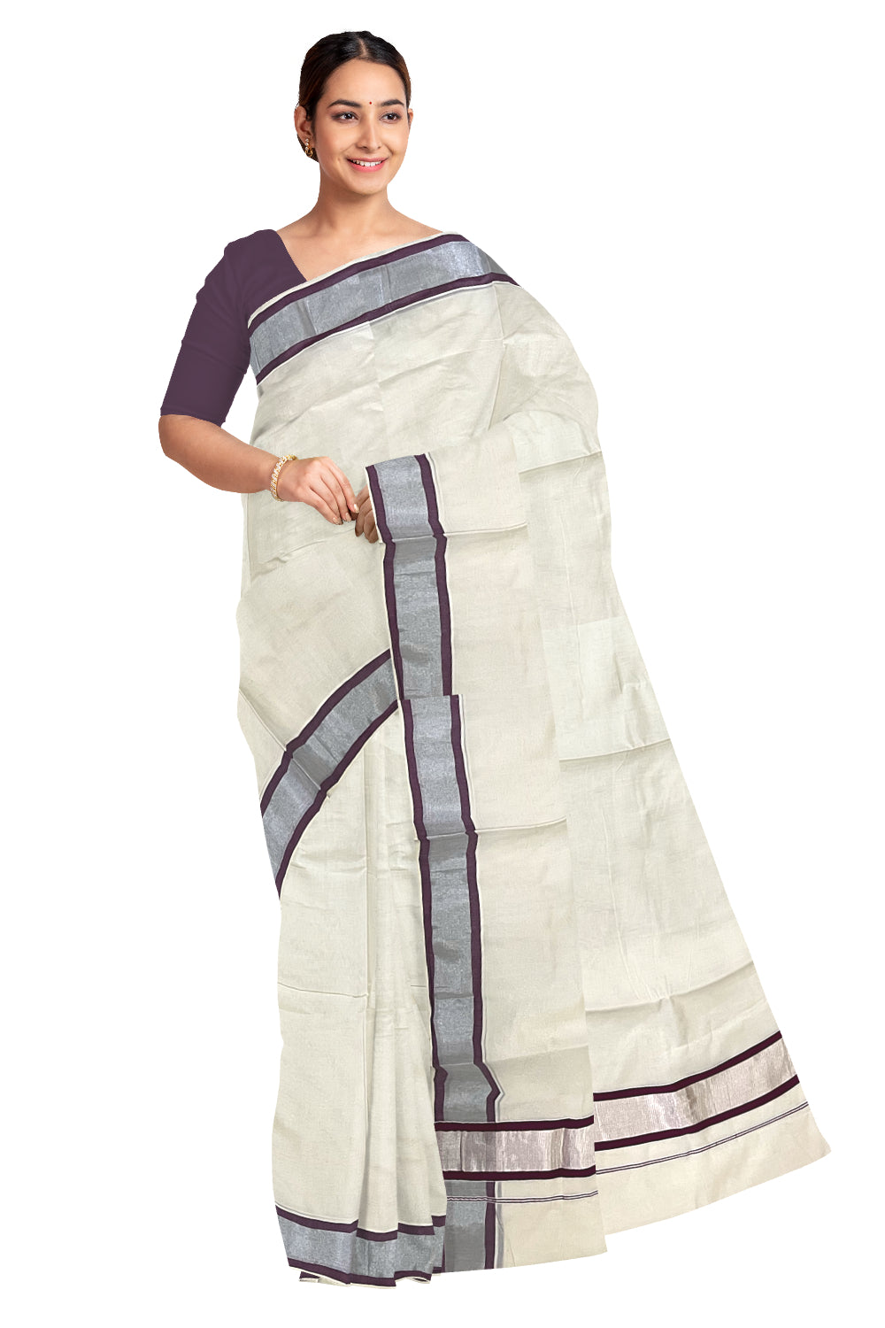 Pure Cotton Kerala Saree with Silver Kasavu and Purple Border