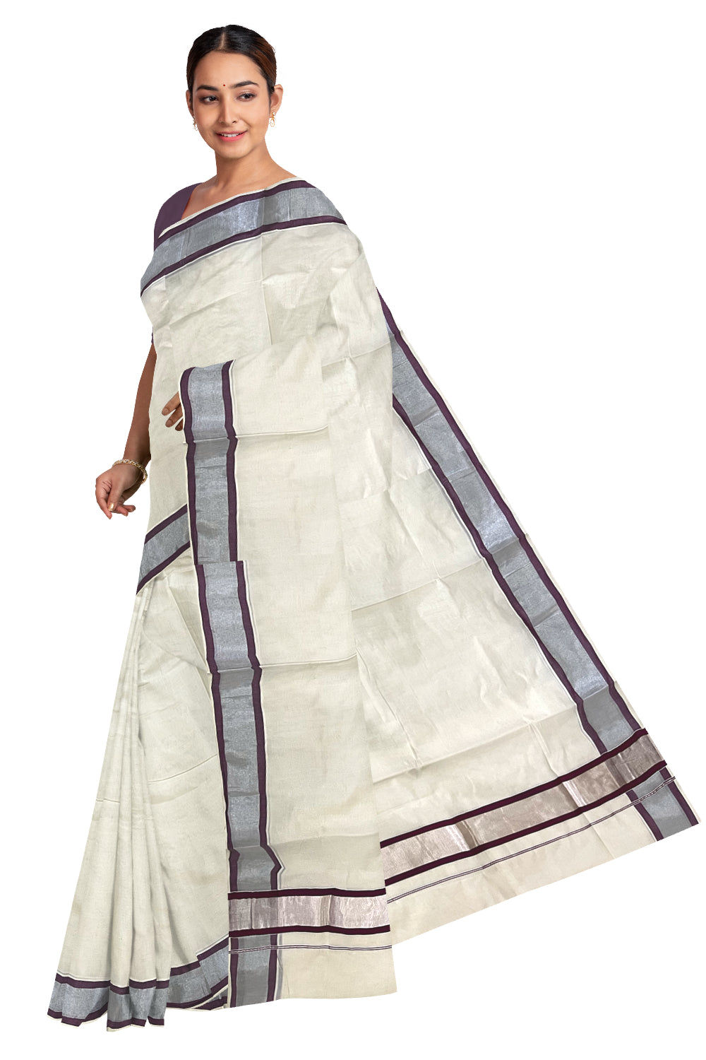 Pure Cotton Kerala Saree with Silver Kasavu and Purple Border