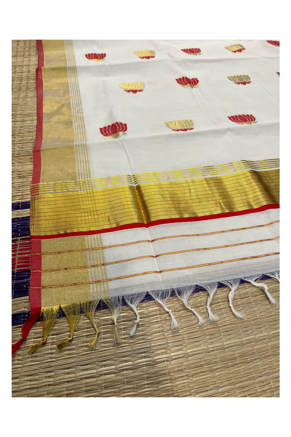 Southloom™ Premium Handloom Cotton Kasavu Saree with Handwoven Gold and Red Lotus Designs